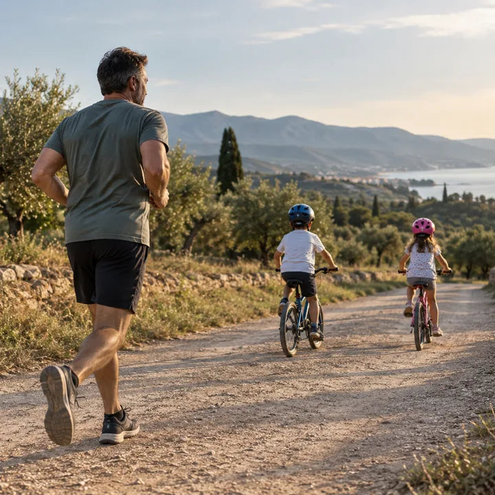 Father jogging on a dirt road while his two helmeted children cycle a few metres ahead