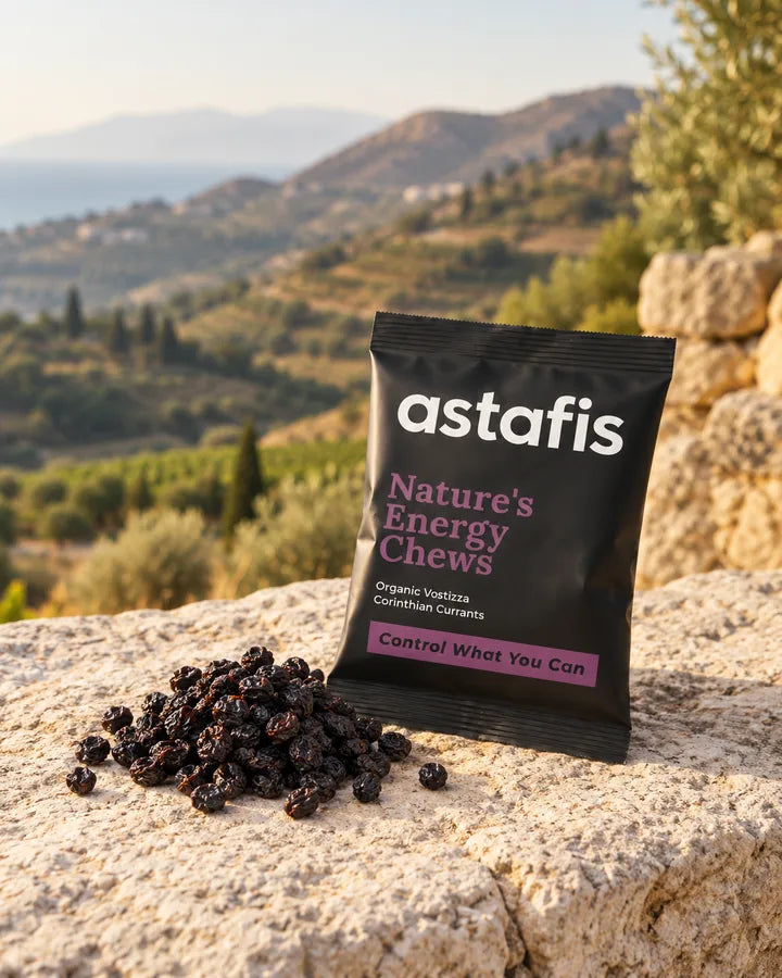 Astafis Nature’s Energy Chews sachet with Vostizza currants in the Aigialeia landscape of Greece